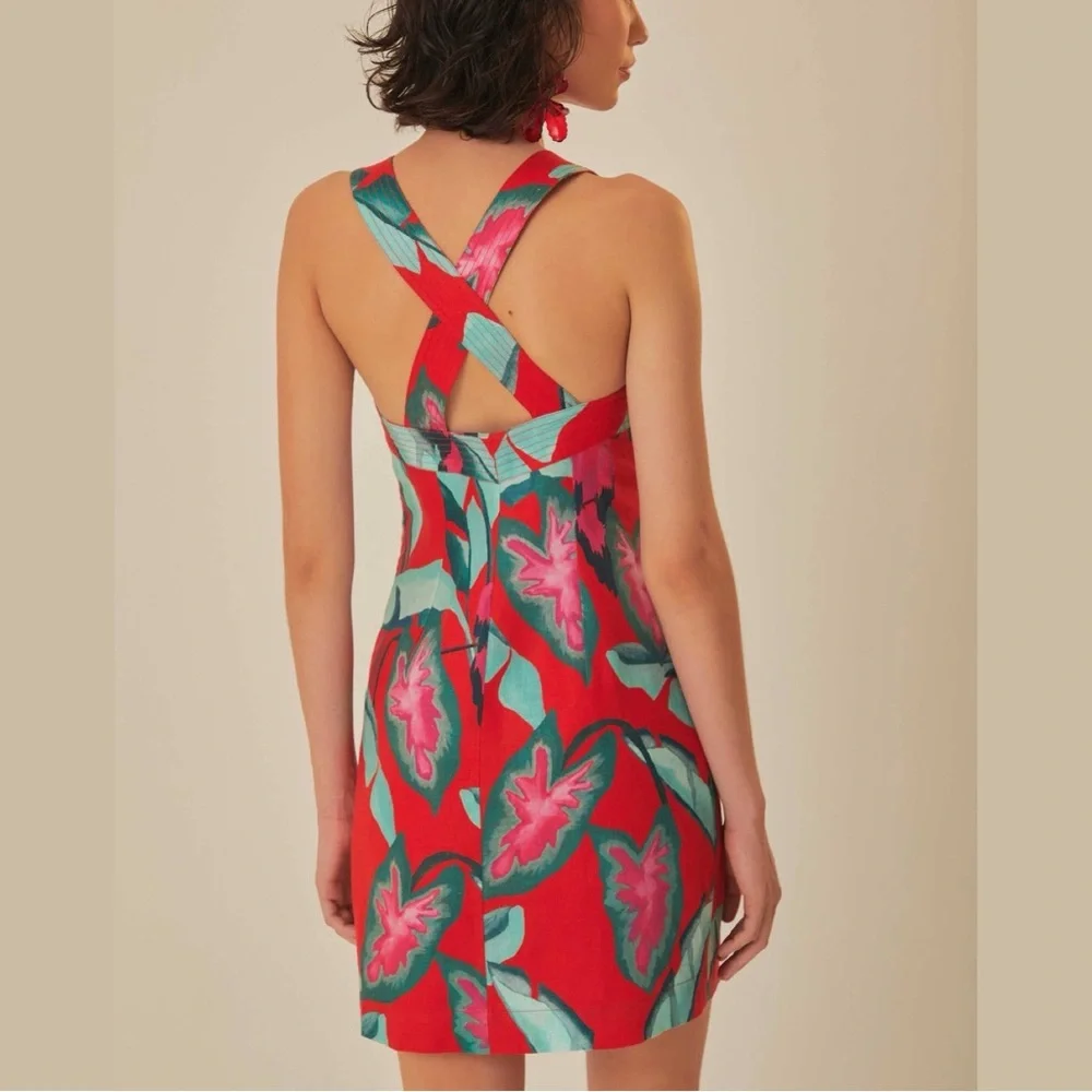 FARM Rio Summer Foliage Cross Back Mini Dress Red Medium NWT - Picture 16 of 16